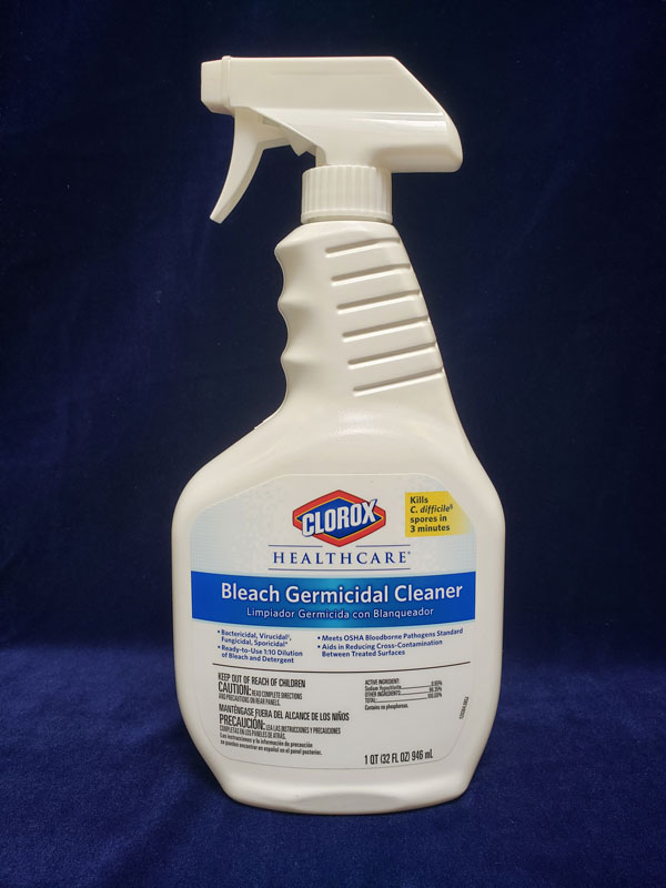 white spray bottle with white label & Clorox Logo, blue stripe with text